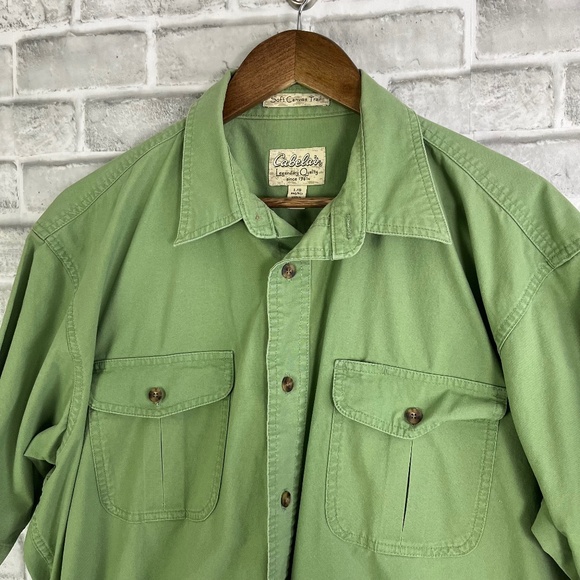 Cabelas Light Green Double Pocket Soft Canvas Trails Button Up Shirt Mens Large - Picture 1 of 7